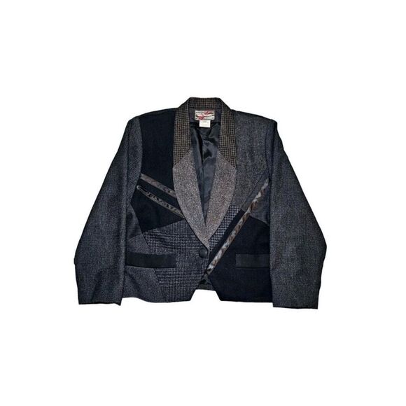 VTG Mary Flanagan Jacket Womens Medium Black Patchwork Blazer Wool Wearable Art - Picture 1 of 6
